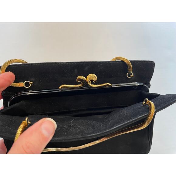 VTG Koret Black Kid Suede Evening Clutch/Purse with Mini Coin Purse, Gold Chain - Picture 5 of 11